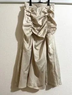 ベージュ ギャザー タイトロングスカート M