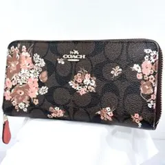 COACH コーチ 長財布 ラウンドファスナー 花柄 ブラウン ピンク PVC