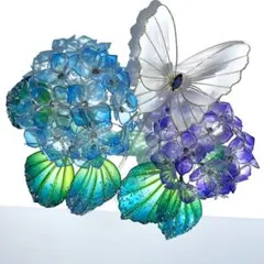 蝶が舞う紫陽花　中２本セット【水色×紫色・白蝶・インテリア・シルバーワイヤー】