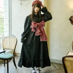 クティールとレトロ チェックリボンビスチェセットフリル襟ワンピース ブラック