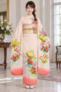 やまと謹製 総刺繍 花車文様 振袖 小柄向き ジュニアサイズ 正絹