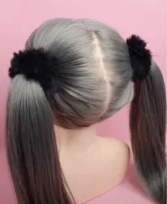 ふわふわ シュシュ 量産型 地雷系 ヘアゴム ポンポン ブラック ツインテール