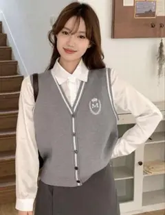 SHEIN DAZY ストライプトリム 秋 セーター ベスト カーディガン 白