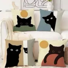 ねこデザイン クッションカバー 4種セット 黒猫