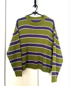オリーブグリーン・パープルストライプニットセーター/XLサイズ