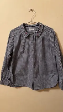 POU DOU DOU ギンガムチェック襟刺繍長袖シャツブルー綿100%