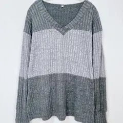 大きいサイズ XL リブニット バイカラー Vネック カットソー グレー 春秋
