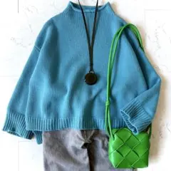 デミリー カシミヤ100% スリット ハイネック ニット ターコイズブルー 青