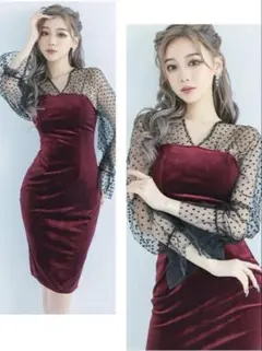 Tika★myMinette★ベロアドット柄シースルー長袖膝丈タイトドレス