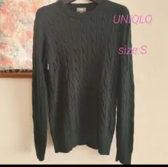ユニクロ コットン　カシミヤ　グリーン　丸首　ケーブルニット セーター　長袖