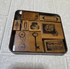 【レトロ】木製スタンプ 9種セット 収納缶付き