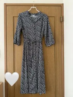 Honeysネイビー花柄七分袖ロングワンピース M