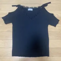 オフショルダー 黒 リブ編み Tシャツのサムネイル