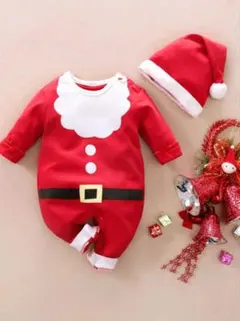 サンタクロース風 赤いベビーロンパース 帽子