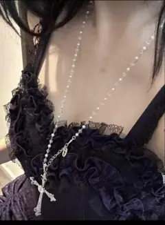 00s y2k クロス　十字架　パール　ロングネックレス　ロザリオ　平成ギャル