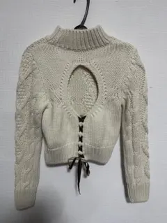 ZARA バックオープン　リボン付　ケーブルニットセーター レディースSホワイト