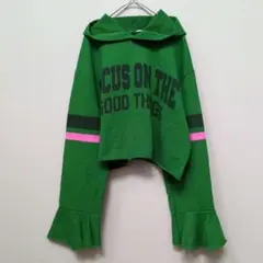 zara クロップドパーカー y2k フリル ロゴプリント 袖ライン 緑 S