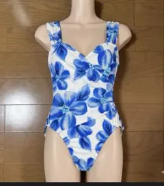 青い花柄 ワンピース水着 レディース パレオ付き