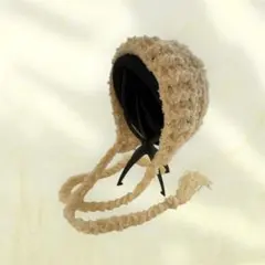 もこもこボンネット　ヘッドドレス　バブーシュカ　バラクラバ　アイボリー　ファー