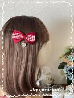 ハンドメイド♡量産型 赤＆白千鳥格子リボンハートヘアクリップ 地雷系ゴスロリ推し