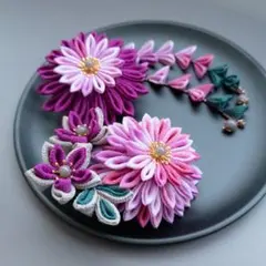 つまみ細工髪飾り　3点セット　紫　結婚式　成人式　卒業式　七五三