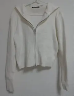 Brandy Melville ホワイト リブ ジップアップパーカー
