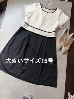 極美品かなり大きいサイズ15号 2Lレース切り替えワンピース　リボン フレア