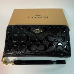 コーチ CV413 ブラック 型押し 長財布 ストラップ付