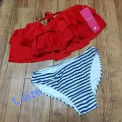 m*o様 赤フリル×ボーダー オフショル ビキニ