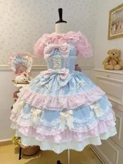 水色 × ピンク 甘ロリワンピース ボンネット付き リボンフリルレース