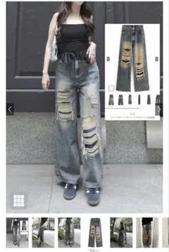 フェイクダメージストレートデニムパンツ[cu559] M