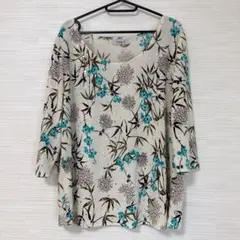 Only 9 花柄 五分袖 トップス ブルー 五分袖ブラウス 総柄