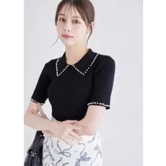 【美品】襟付きパール装飾リブニットプルオーバー(vanelin ヴァネリン)