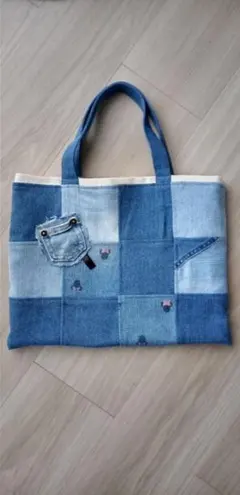 デニムパッチワークトートバッグ