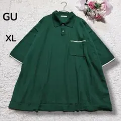 【GU ジーユー】メンズ　ウォッシャブルニットポロシャツ　５分袖　グリーンXL