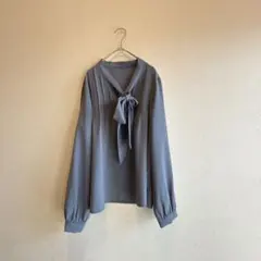 SHEIN ボウタイブラウス　M くすみブルー　長袖　とろみ素材　オフィス　通勤