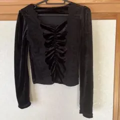黒ベルベットフリル長袖トップス