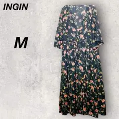 イング　ワンピース　ロング　半袖　M　黒　五分袖　花柄　総柄　羽織り　フレア
