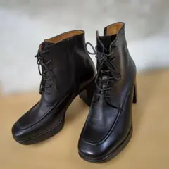 あしながおじさん　ブラックレザー編み上げブーツ　24cm　スクエアトゥ