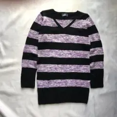 地雷系 パンク Vネック ボーダーニット オーバーサイズ 紫×黒 パンク