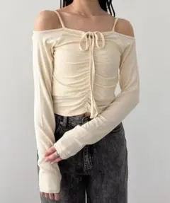 heather フロントギャザーオフショルカットソー