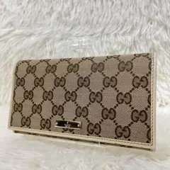 ✨極美品✨ グッチ 長財布 レザー GG キャンバス ブラウン ホワイト 金具