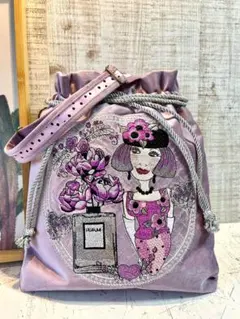 ロラライハリス♡ラベンダーピンクベルベット♡刺繍の肩掛けワンハンドル巾着バッグ♡