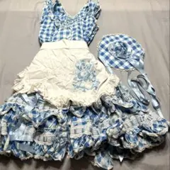 青と白のチェック柄アリスメイド ワンピース帽子セット
