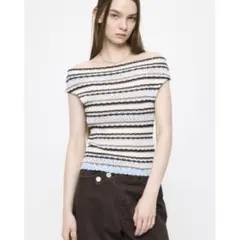 STRIPED OFF SHOULDER トップス　moussyのサムネイル