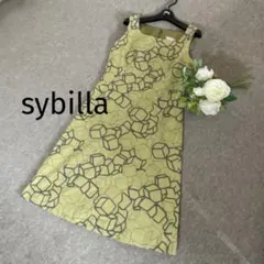 sybillaシビラオリーブグリーン 幾何学模様 刺繍 ノースリーブワンピースM