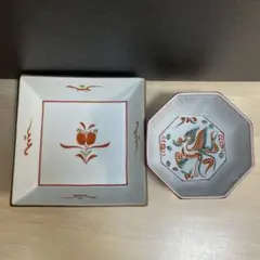 【未使用】橘吉 たち吉 赤絵 和食器 2点まとめ売り 四角浅鉢 八角小鉢 鳳凰文