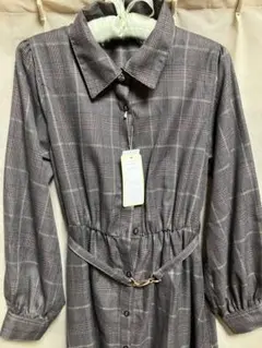 チェック柄長袖シャツワンピース M