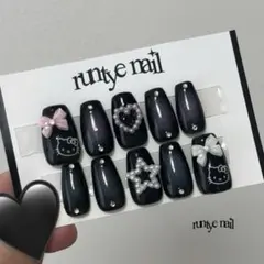 現品 ネイルチップ ブラック ピンク リボン y2k キティ 韓国ネイル