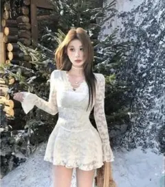 SHEIN 2026 韓国 純欲風 長袖レース ワンピース Sサイズ